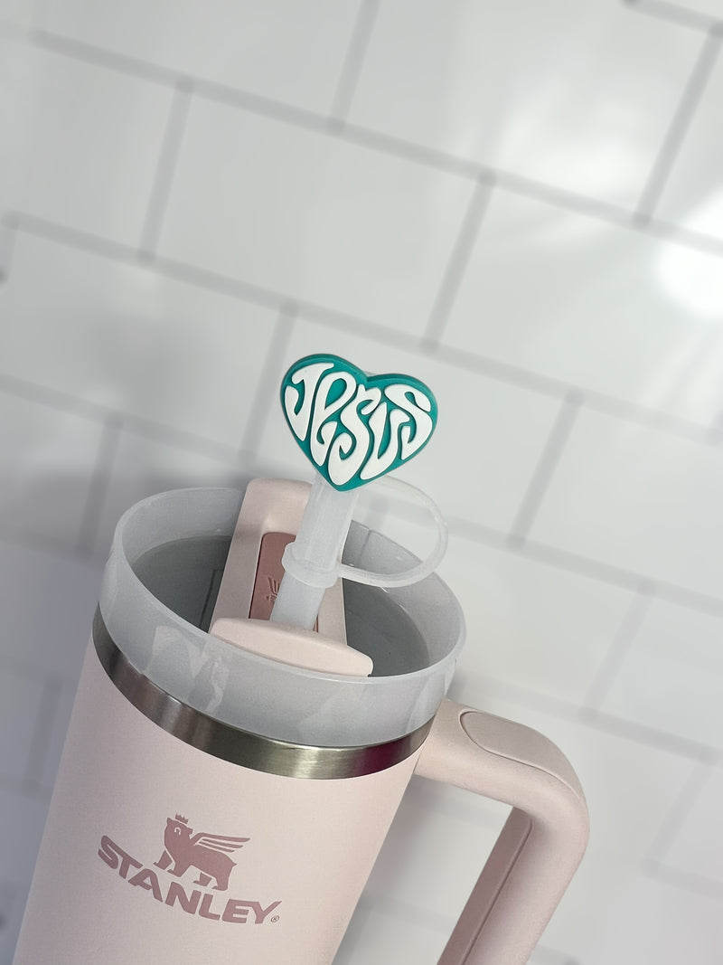 10mm Straw Topper- Jesus heart teal