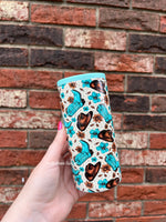 12 oz skinny can koozie - teal cowgirl boots