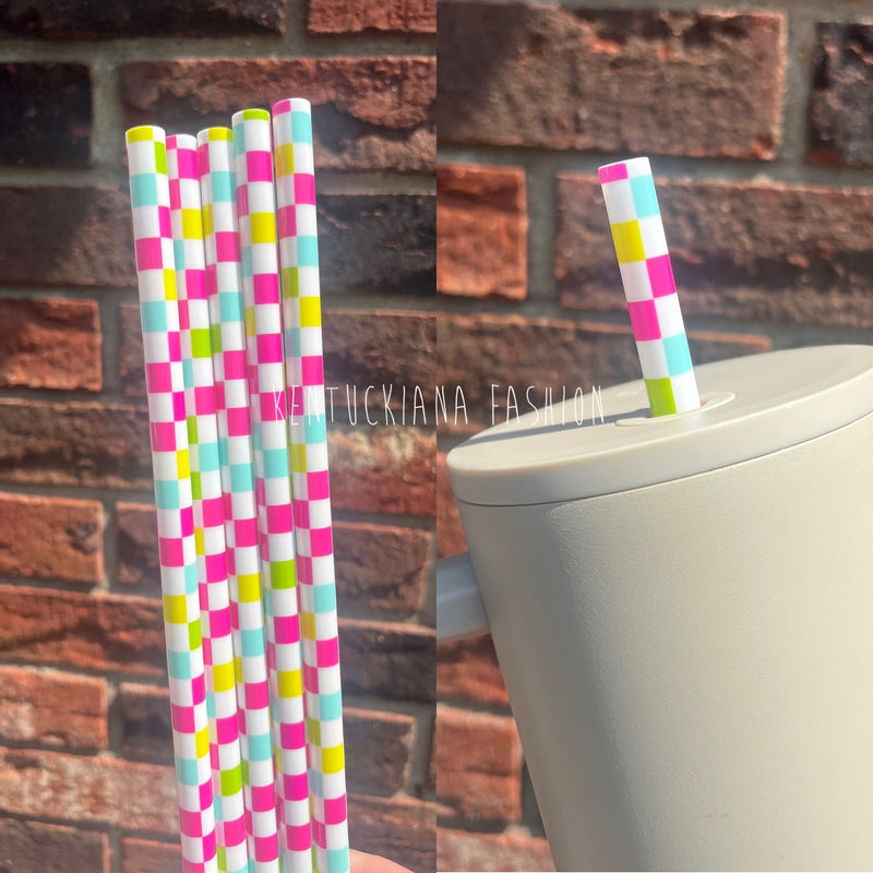 40 ounce straw - white base neon checkered