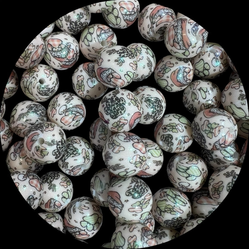 15mm Silicone Printed Round Bead - Christmas dog paws