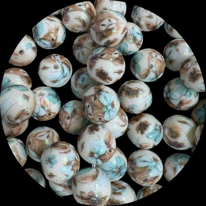 15mm Silicone Printed Round Bead - Teal highland cow
