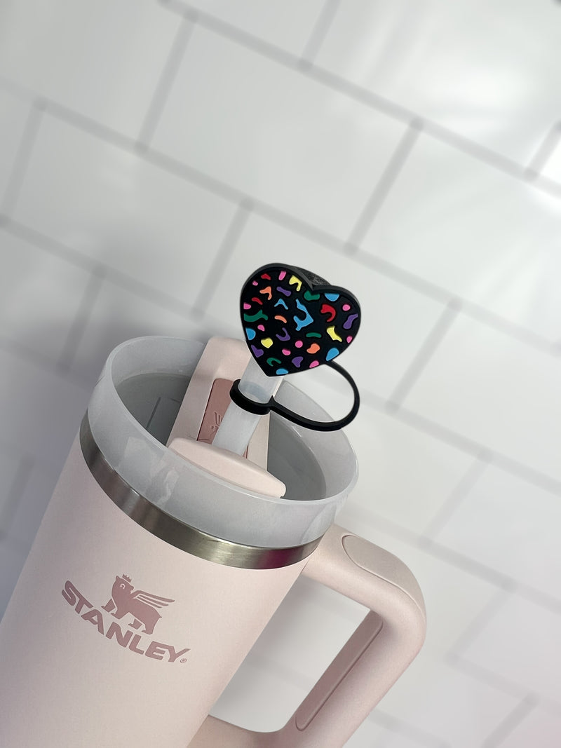 10mm Straw Topper- Rainbow cheetah heart