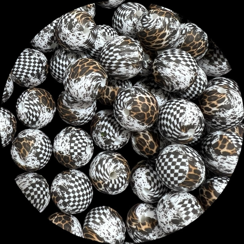 15mm Silicone Printed Round Bead - Checkered/cheetah/cow