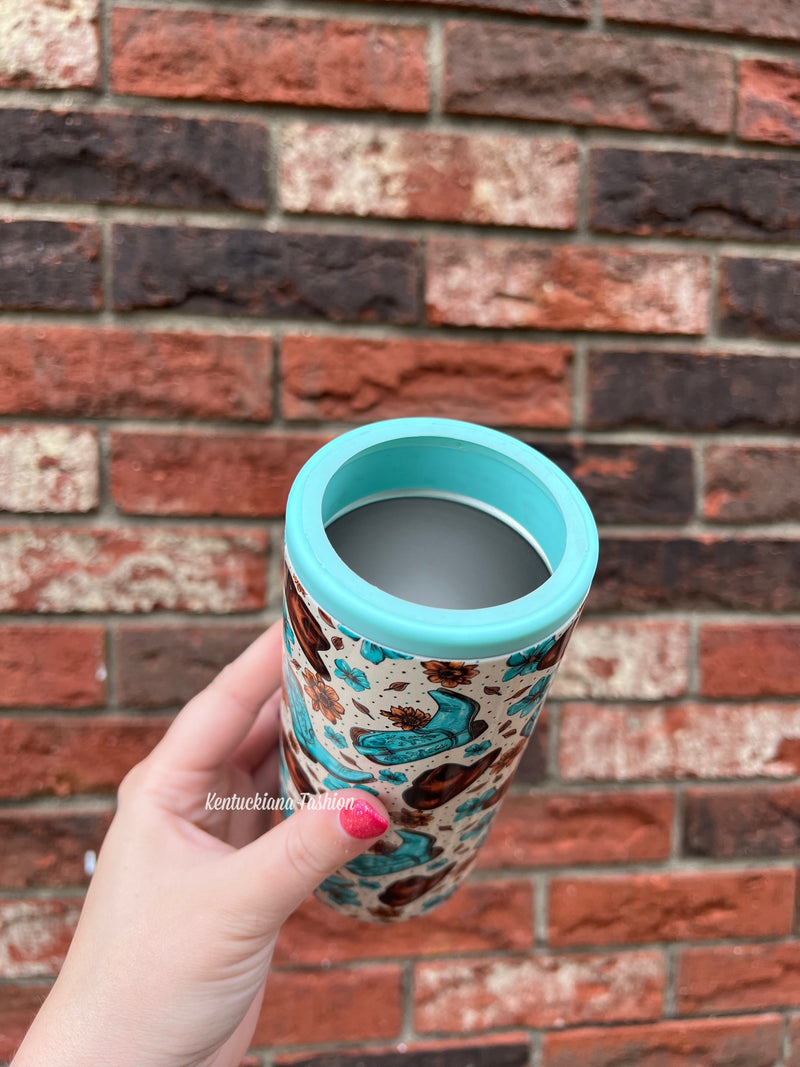 12 oz skinny can koozie - teal cowgirl boots