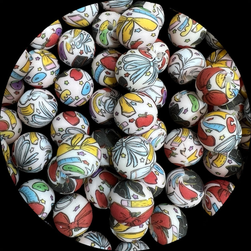 15mm Silicone Printed Round Bead - Teacher bows