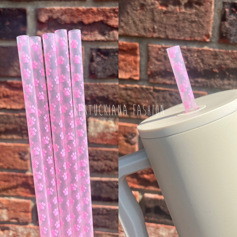 40 ounce straw - clear pink dog paws