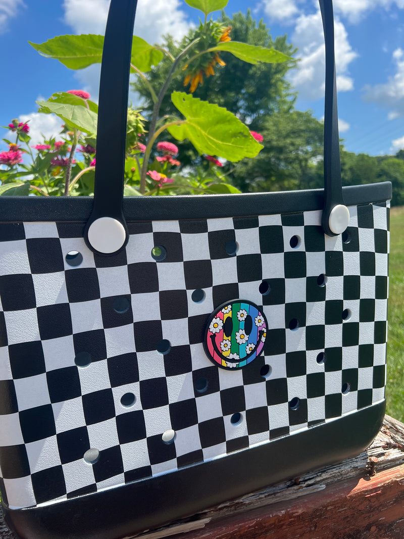 Beach bag charms: Rainbow daisy happy face