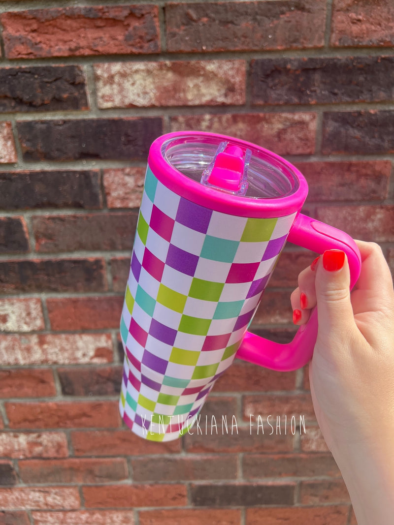 40 oz tumbler- Neon checkered