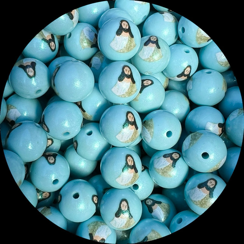 15mm Silicone Printed Round Bead - Jesus