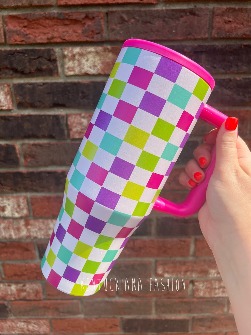 40 oz tumbler- Neon checkered