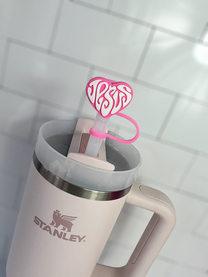 10mm Straw Topper- Jesus heart pink