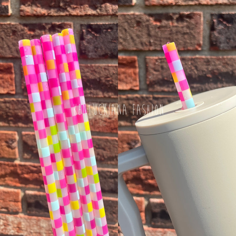 40 ounce straw - color changing pink neon checkered