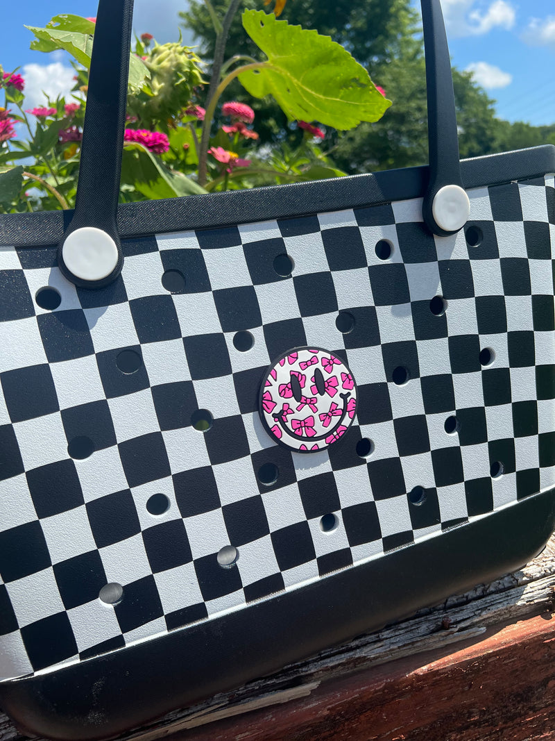 Beach bag charms: Pink bows happy face