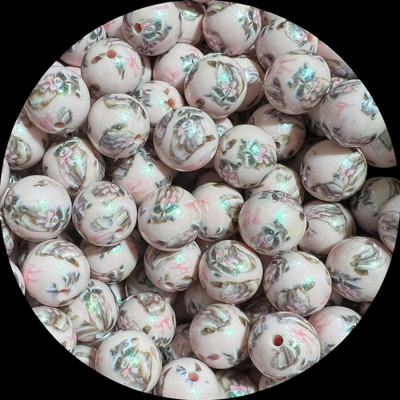 15mm Silicone Printed Round Bead - Coquette raccoons
