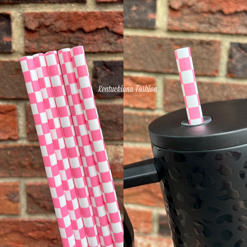 40 ounce straw - Pink/white checkered