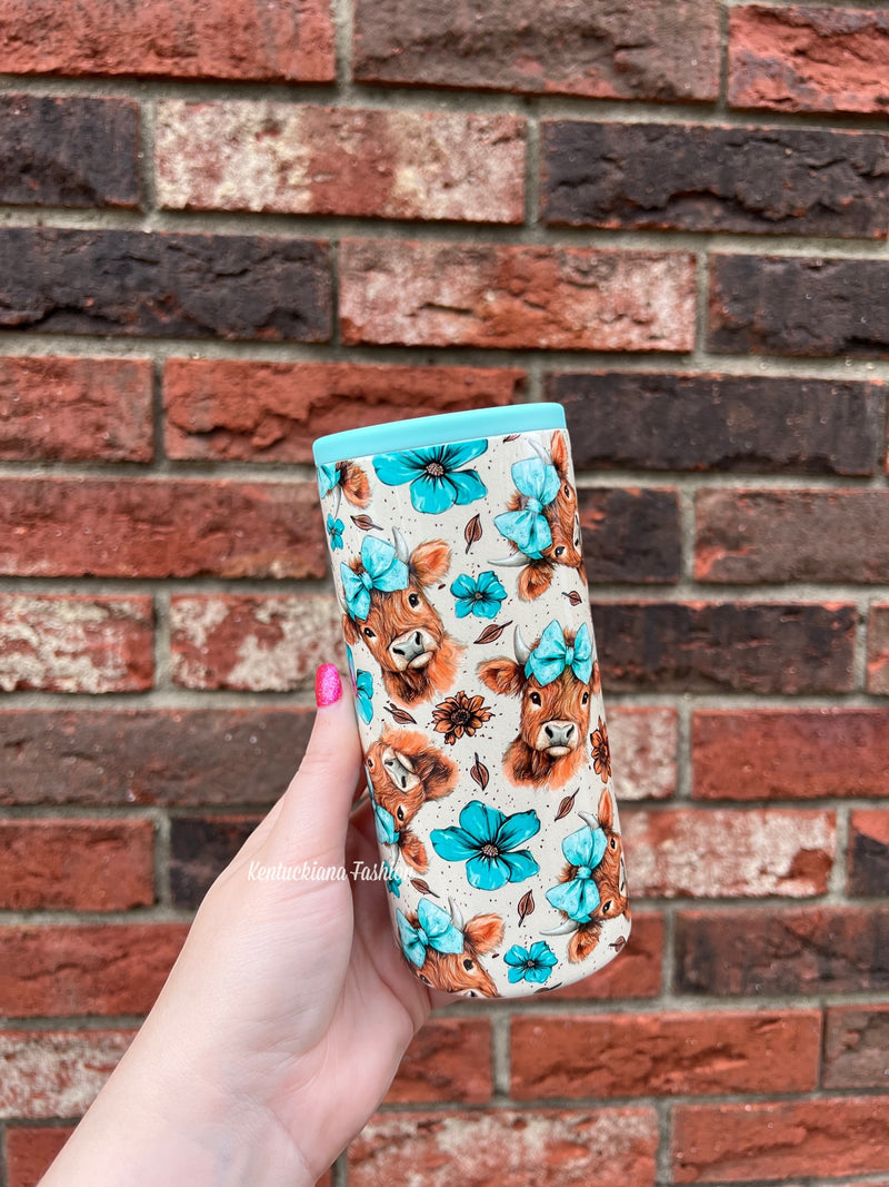 12 oz skinny can koozie - teal highland cow