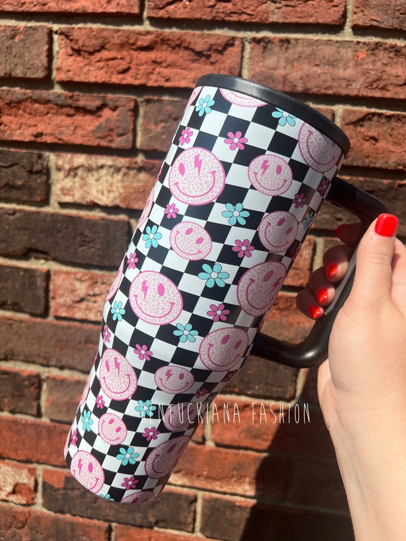 40 oz tumbler- Checkered happy face